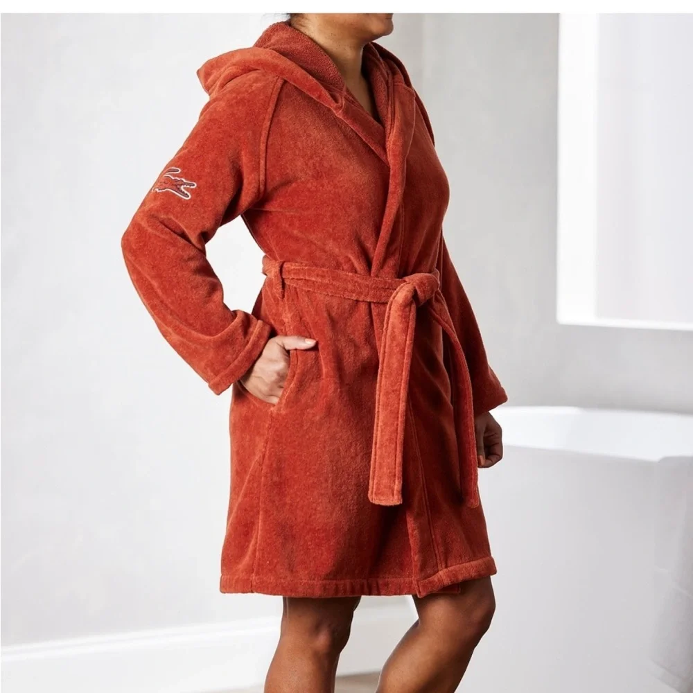 NWT Lacoste FairPlay Cotton Hooded Bathrobe Rust Red unisex - Above the knee